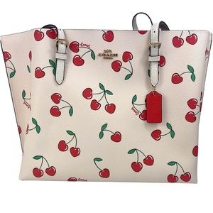 COACH Mollie Tote Cherry print Multi Leather. W/ free matte red cherry lipstick.